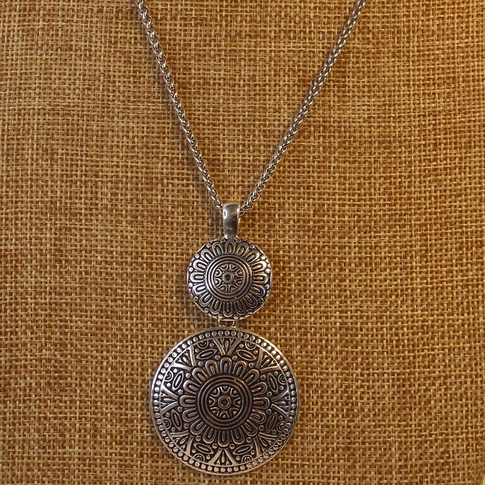 Scroll & Vine Double Pendant in Silver Tone - Elaborate Design on Round Pendants